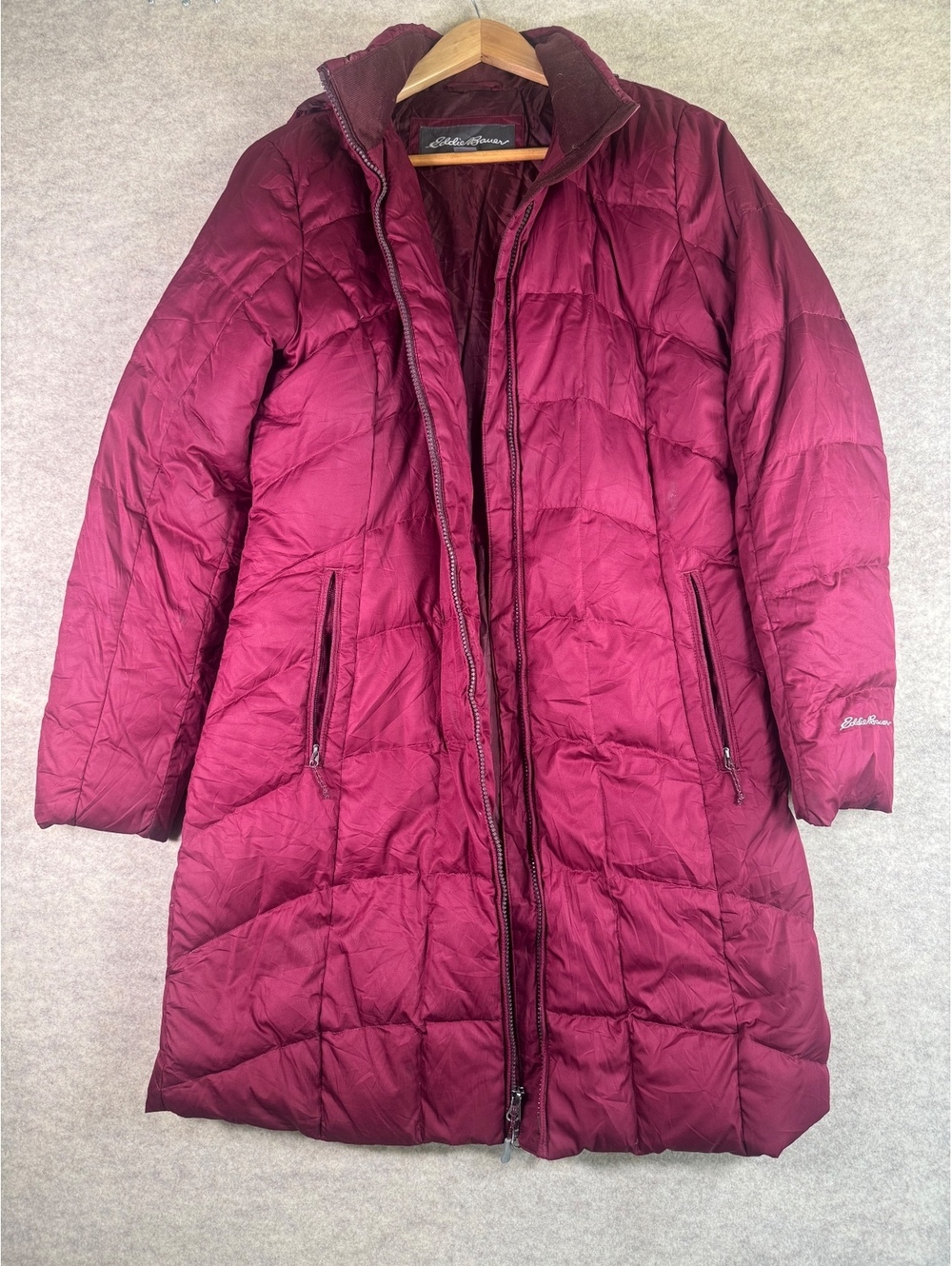 Eddie Bauer Women's Medium Long Burgundy Down Coat with Faux Fur